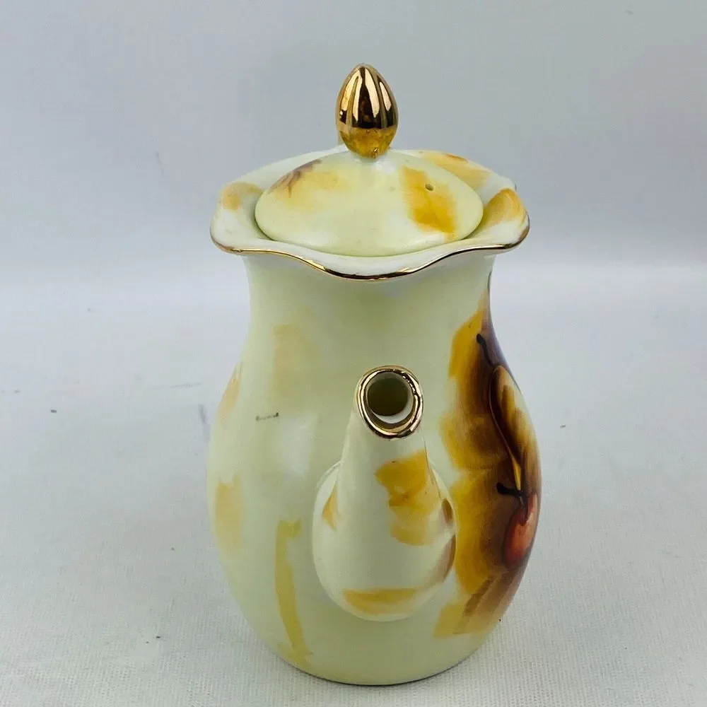 Vtg Enesco Fruit Pattern Teapot Gold Trim Hand Painted E2355‎ Pear Apple Grapes